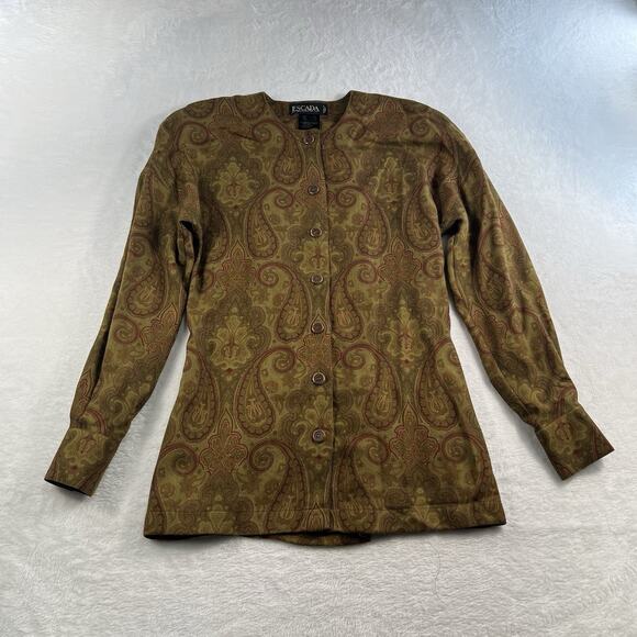 Escada 34 US S Top Blouse Gold Paisley Wool Silk Shirt Margaretha Ley Designer - Picture 2 of 13
